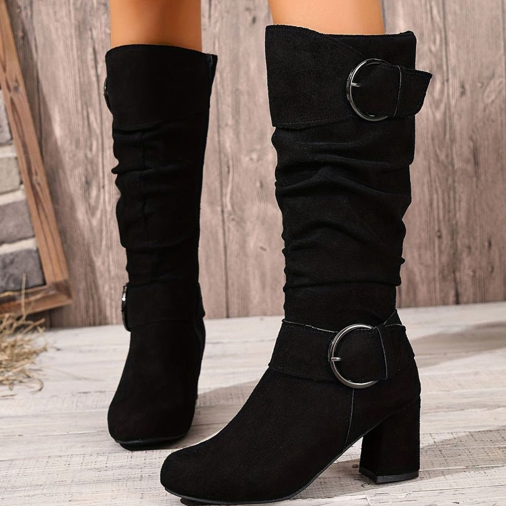 Women's Slouchy Knee-High Block Heel Boots Double Buckle - Black
