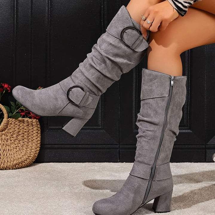 Women's Slouchy Knee-High Block Heel Boots Double Buckle - Grey