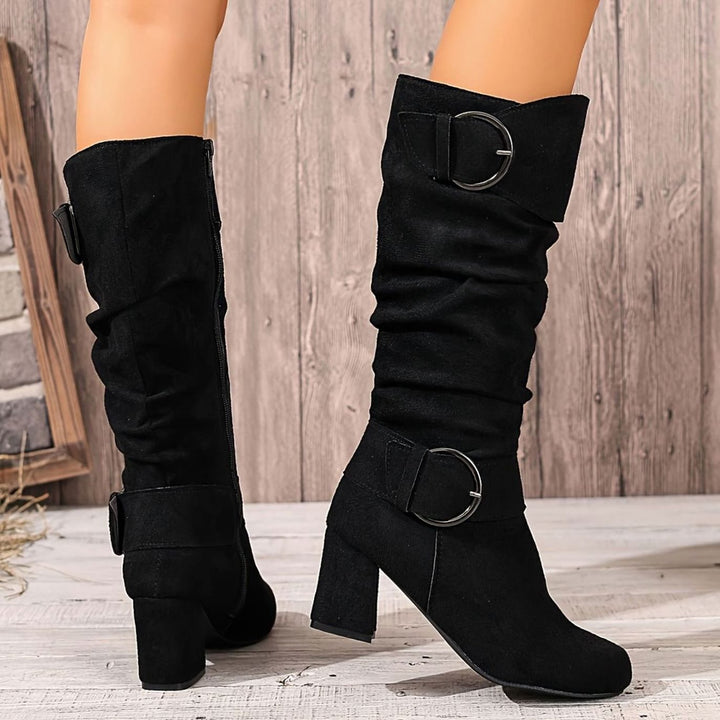 Women's Slouchy Knee-High Block Heel Boots Double Buckle
