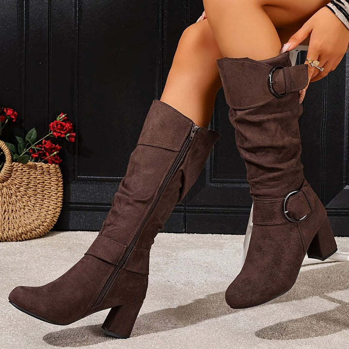Women's Slouchy Knee-High Block Heel Boots Double Buckle - Coffee