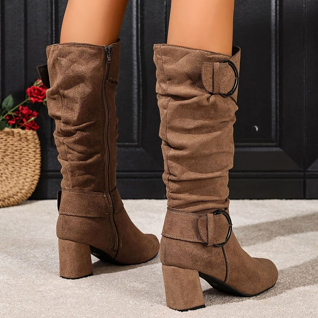 Women's Slouchy Knee-High Block Heel Boots Double Buckle