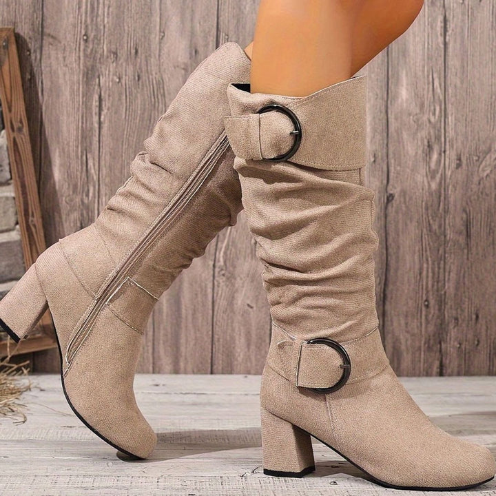 Women's Slouchy Knee-High Block Heel Boots Double Buckle - Beige