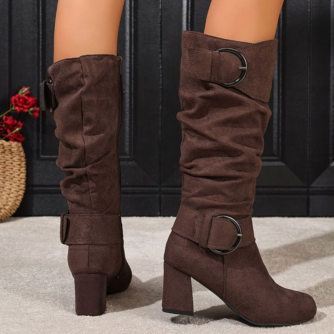 Women's Slouchy Knee-High Block Heel Boots Double Buckle