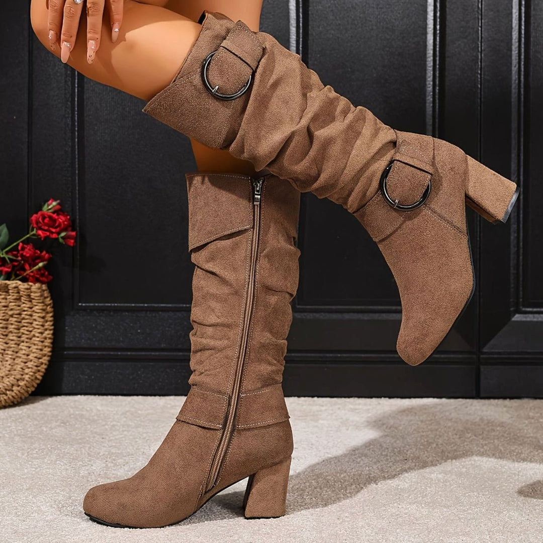 Women's Slouchy Knee-High Block Heel Boots Double Buckle - Brown