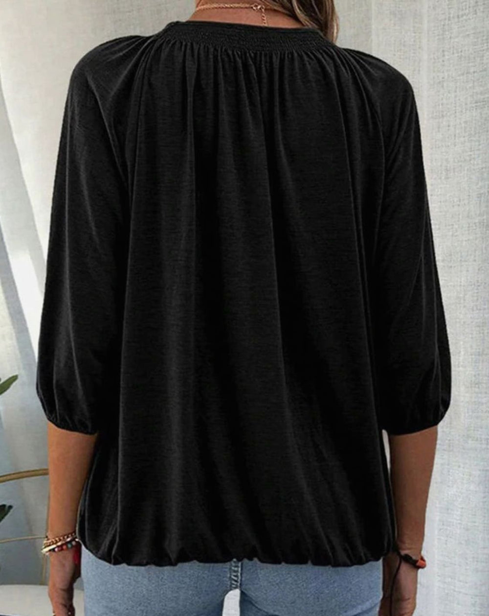 Women's Smocked Bishop-Sleeve Relaxed Blouse Top