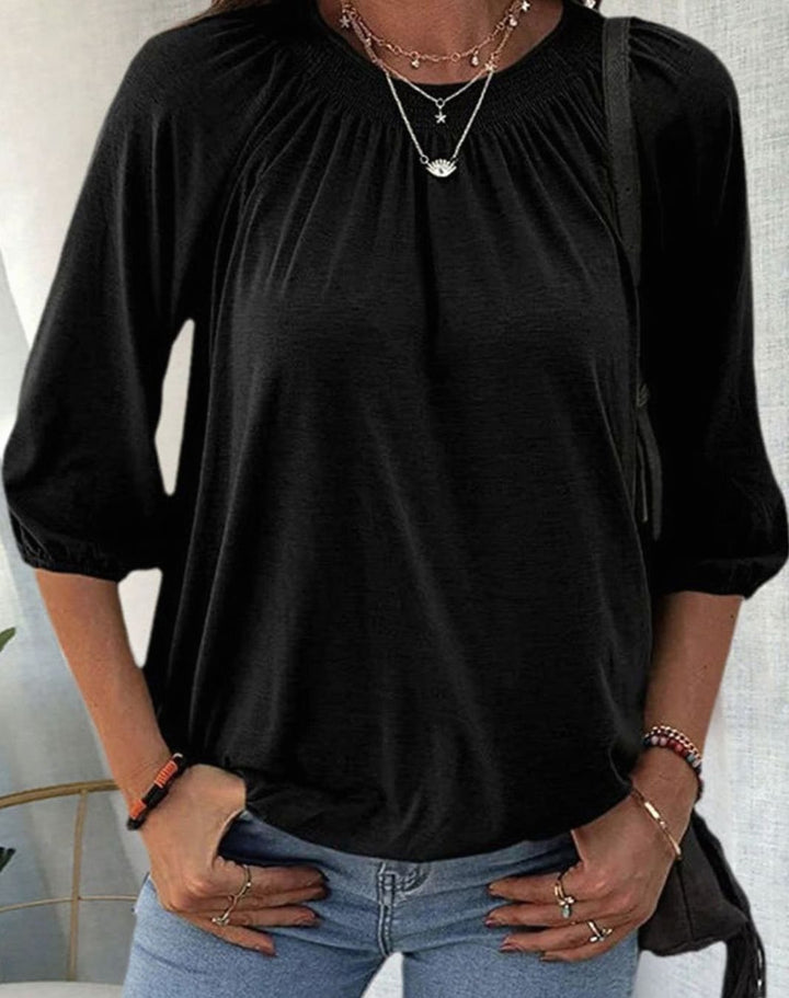 Women's Smocked Bishop-Sleeve Relaxed Blouse Top - Black