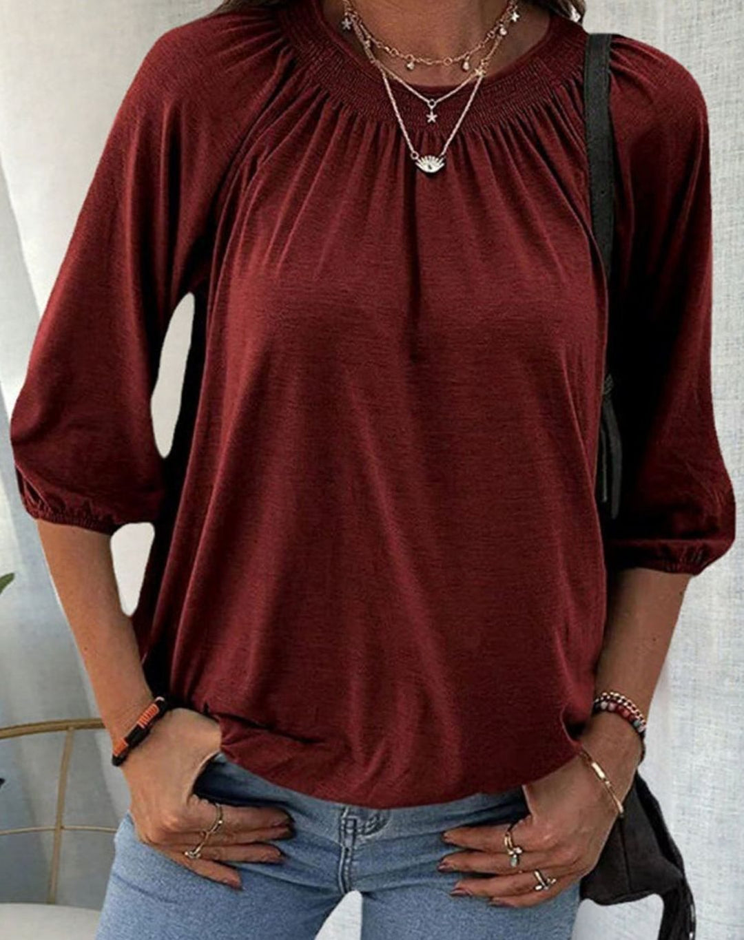 Women's Smocked Bishop-Sleeve Relaxed Blouse Top - Burgundy