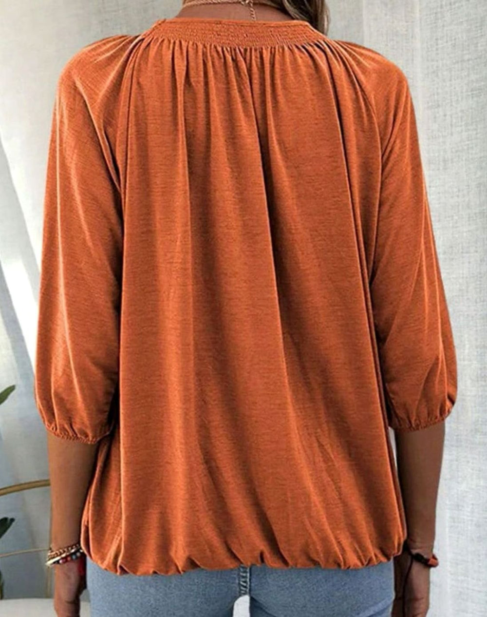 Women's Smocked Neck Bishop Sleeve Relaxed Blouse
