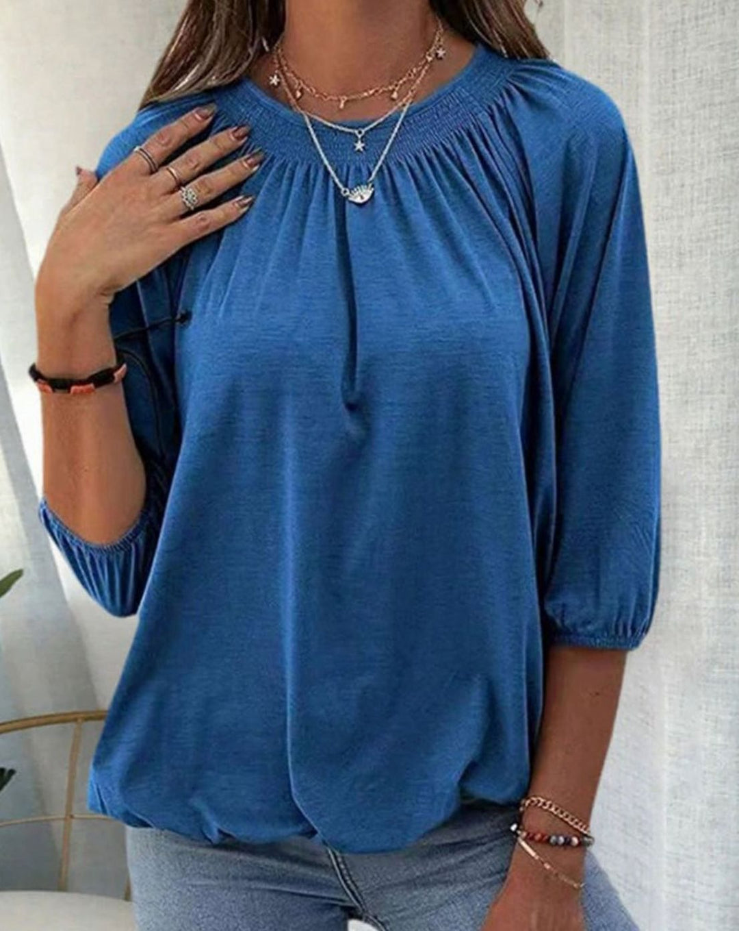 Women's Smocked Neck Bishop Sleeve Relaxed Blouse