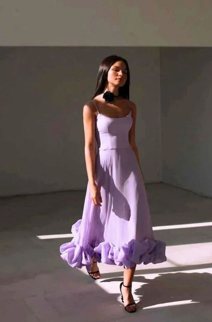 Women's Spaghetti Strap Ruffle Hem A-Line Midi Party Dress