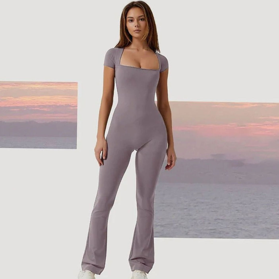 Women's Square-Neck Cap-Sleeve Bodycon Flare Jumpsuit
