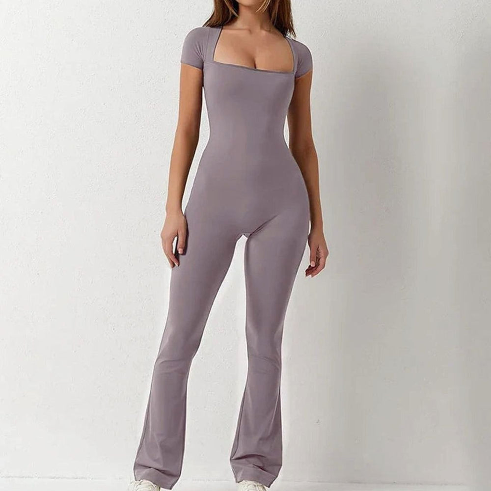 Women's Square-Neck Cap-Sleeve Bodycon Flare Jumpsuit