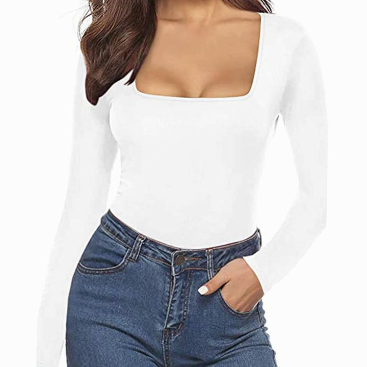 Women's Square-Neck Long-Sleeve Ribbed Bodysuit - Beige