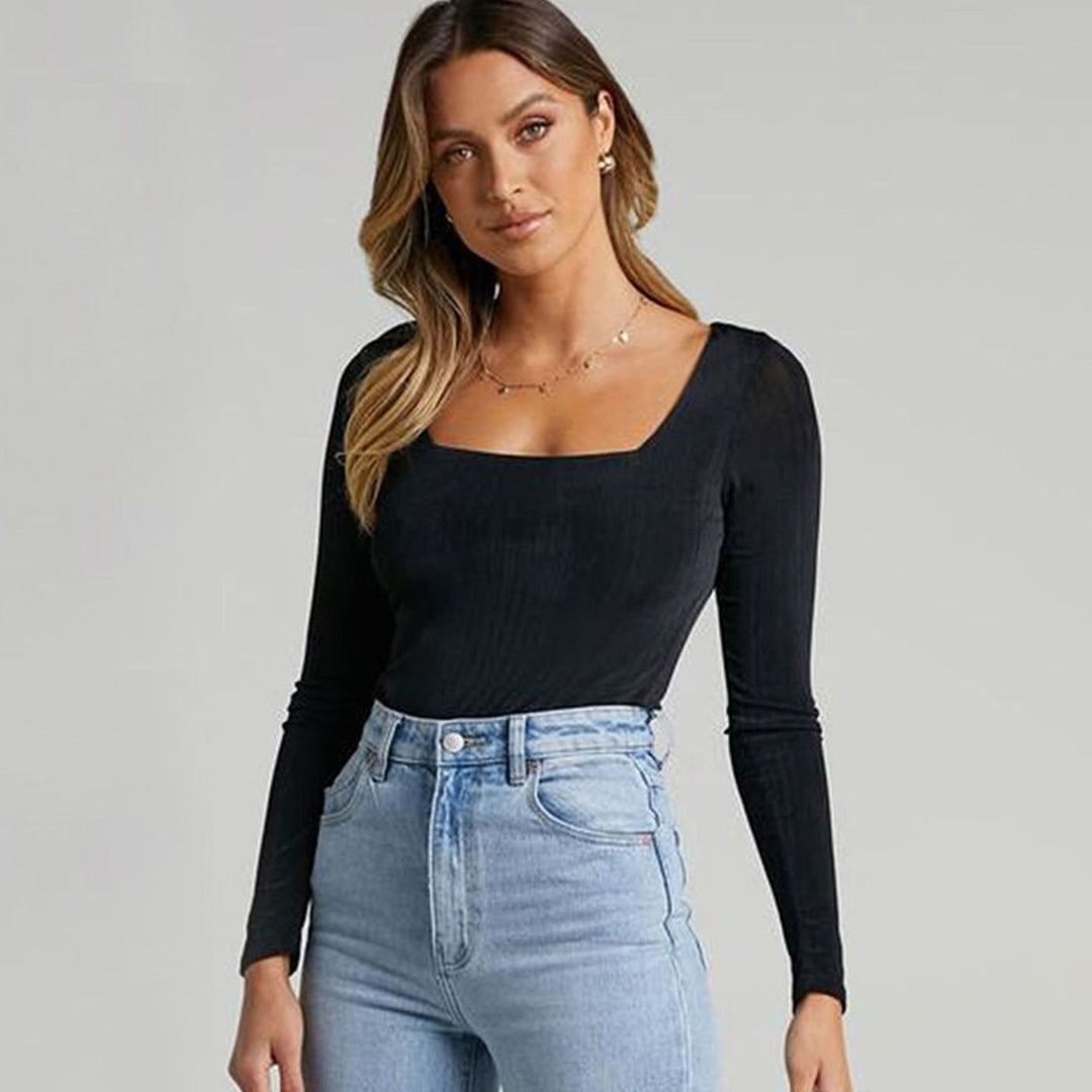 Women's Square-Neck Long-Sleeve Ribbed Bodysuit - Black