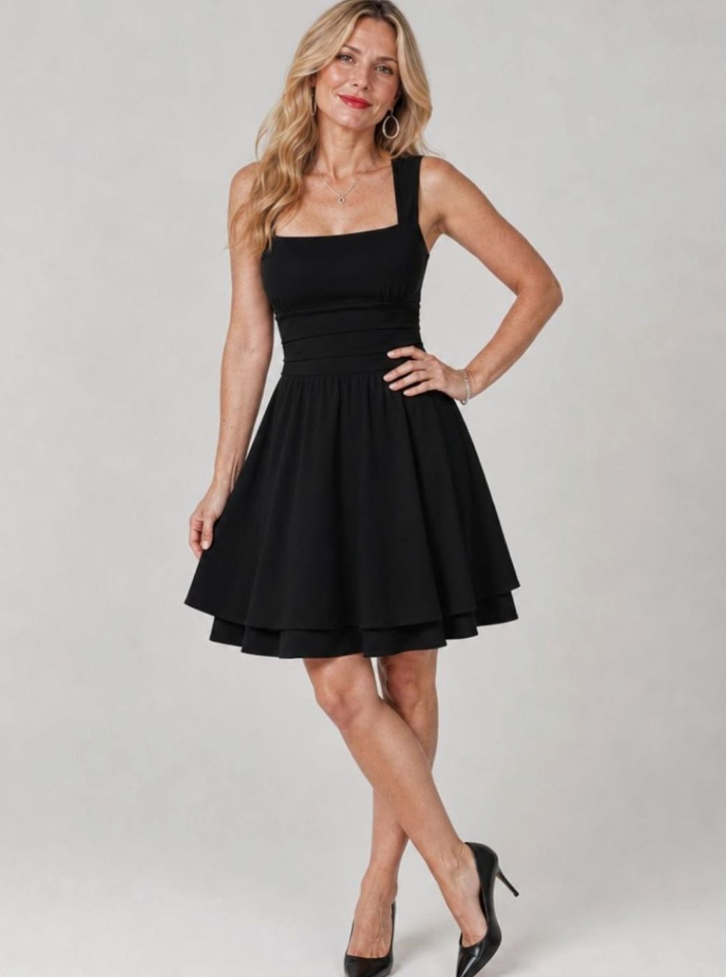 Women's Square Neck Ruched-Waist Tiered Flared Mini Dress