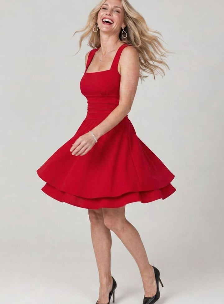 Women's Square Neck Ruched-Waist Tiered Flared Mini Dress Christmas