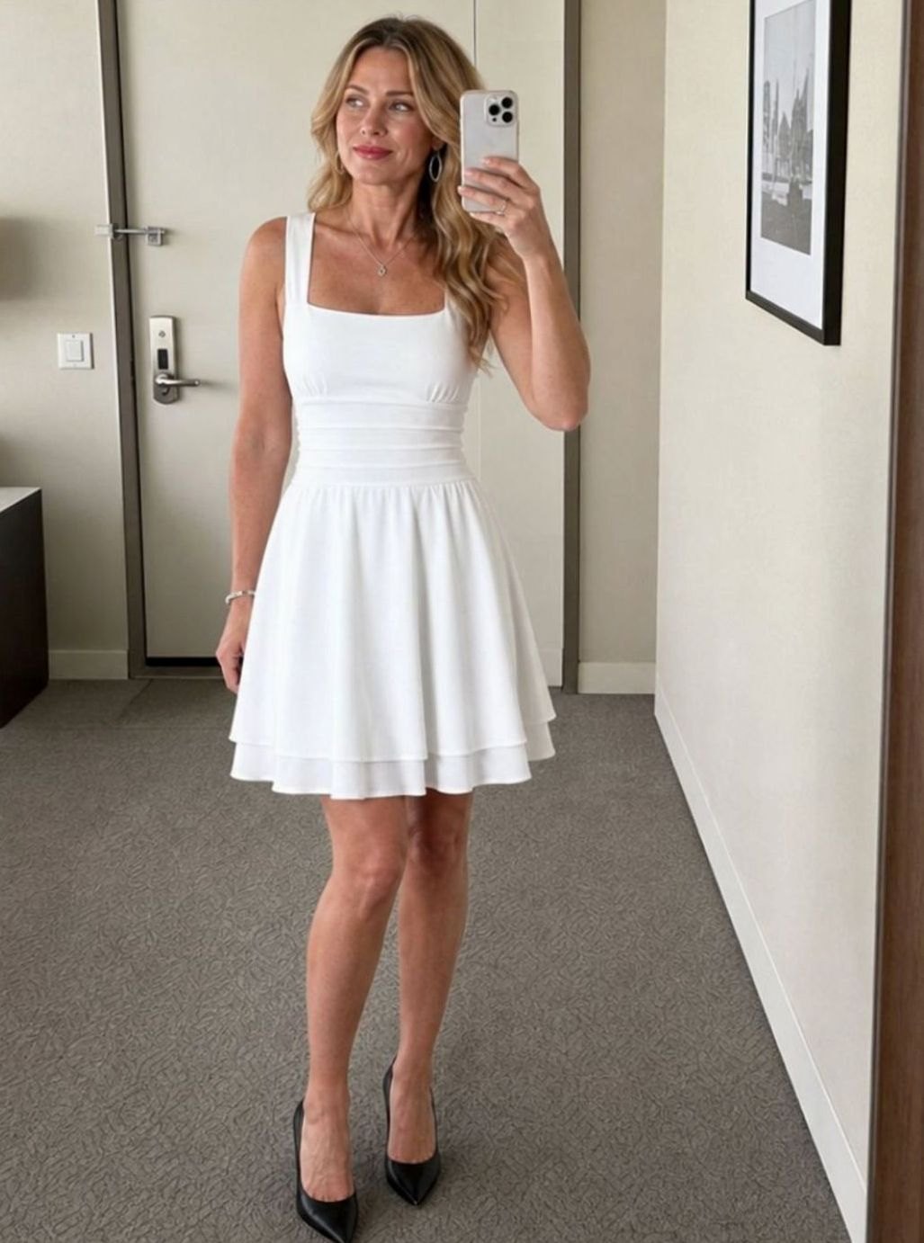 Women's Square Neck Ruched-Waist Tiered Flared Mini Dress Christmas