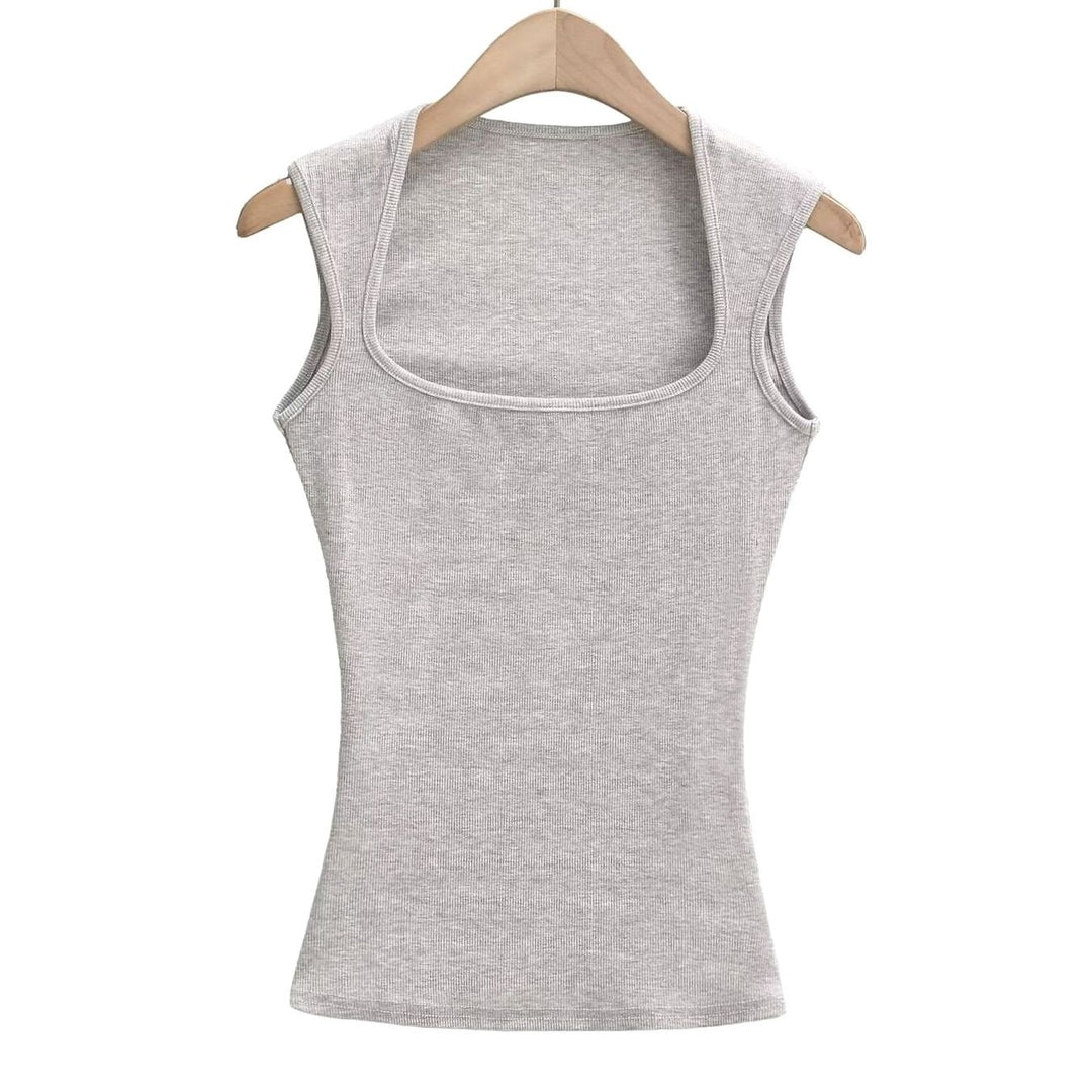 Women's Square-Neck Sleeveless Stretch Fitted Vest Top - Grey