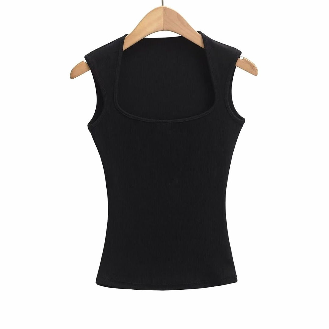 Women's Square-Neck Sleeveless Stretch Fitted Vest Top - Black