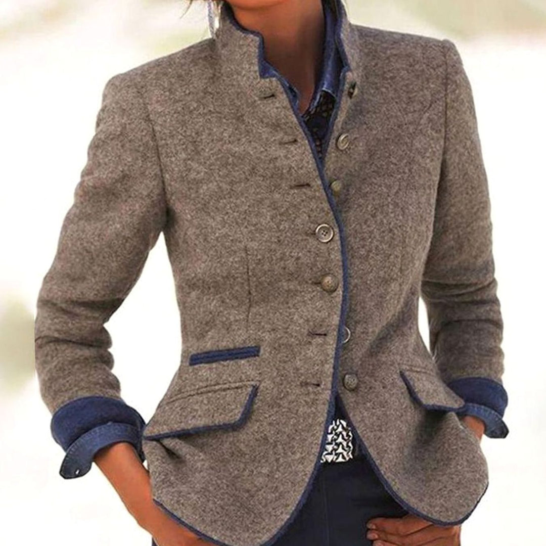Women's Stand-Collar Button-Front Wool-Look Fitted Blazer Jacket