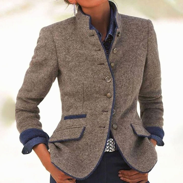 Women's Stand-Collar Button-Front Wool-Look Fitted Blazer Jacket