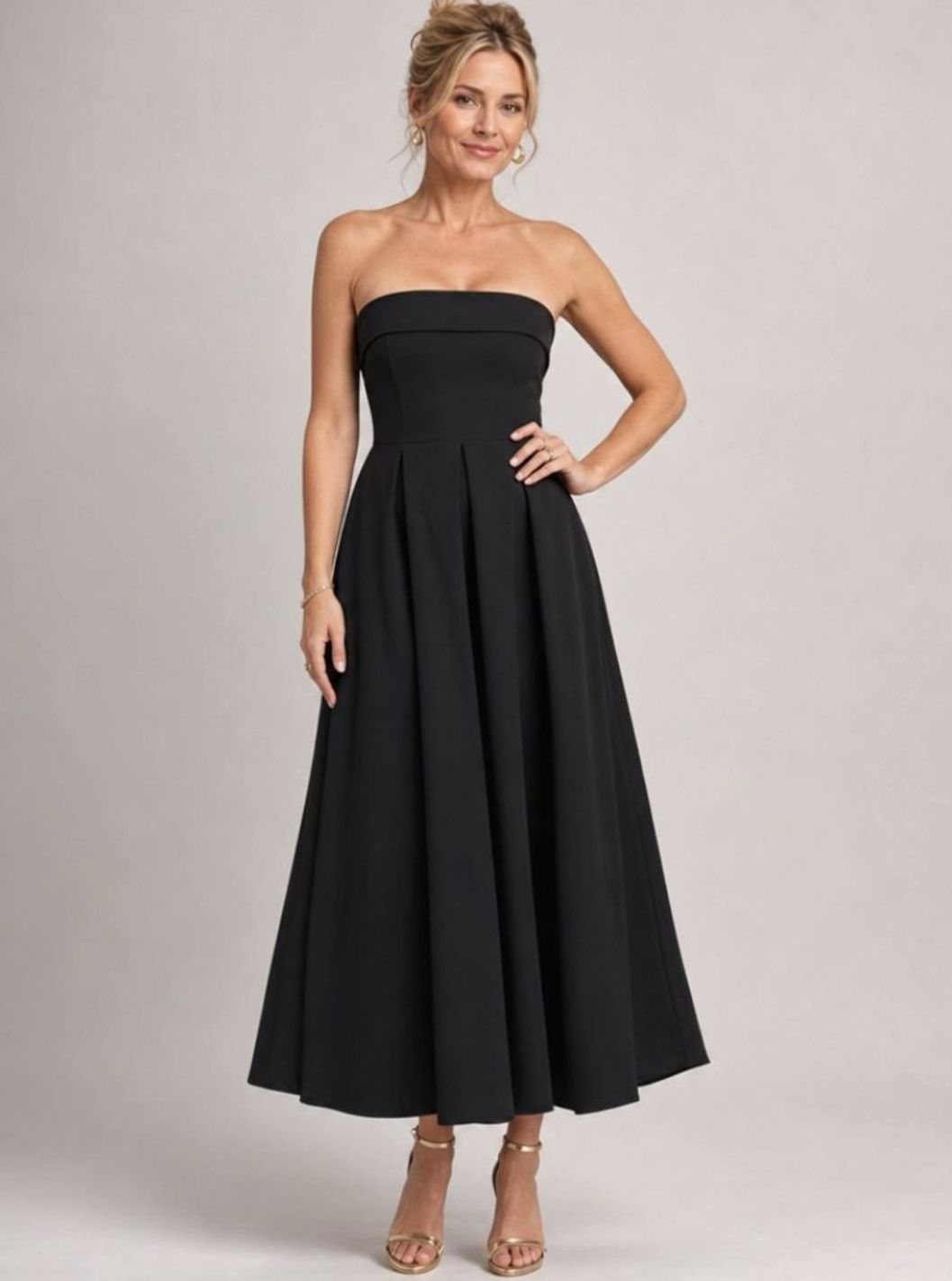 Women's Strapless Pleated Full-Skirt Christmas Party Midi Dress