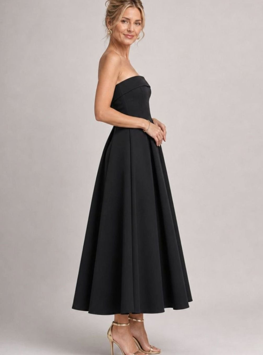 Women's Strapless Pleated Full-Skirt Christmas Party Midi Dress, Black
