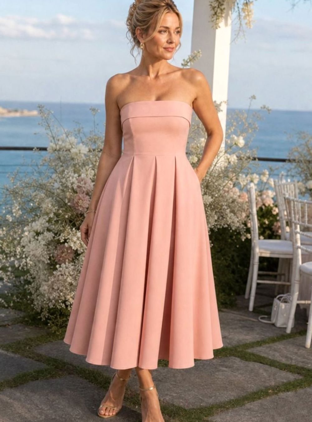 Women's Strapless Pleated Full-Skirt Christmas Party Midi Dress