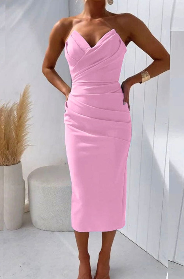 Women's Strapless Ruched Bodycon Midi Dress