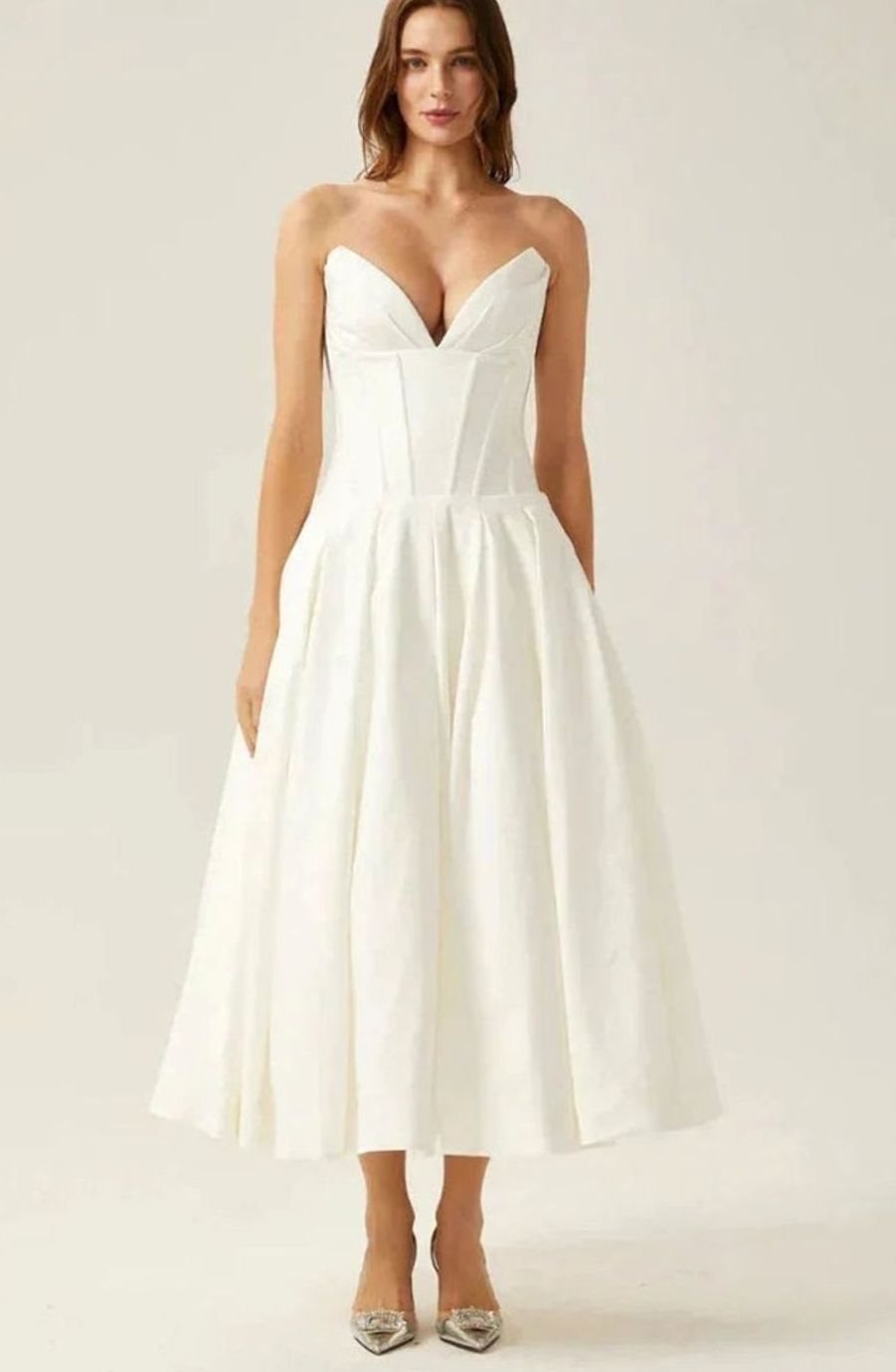 Women's Strapless Sweetheart Corset Flared Midi Dress