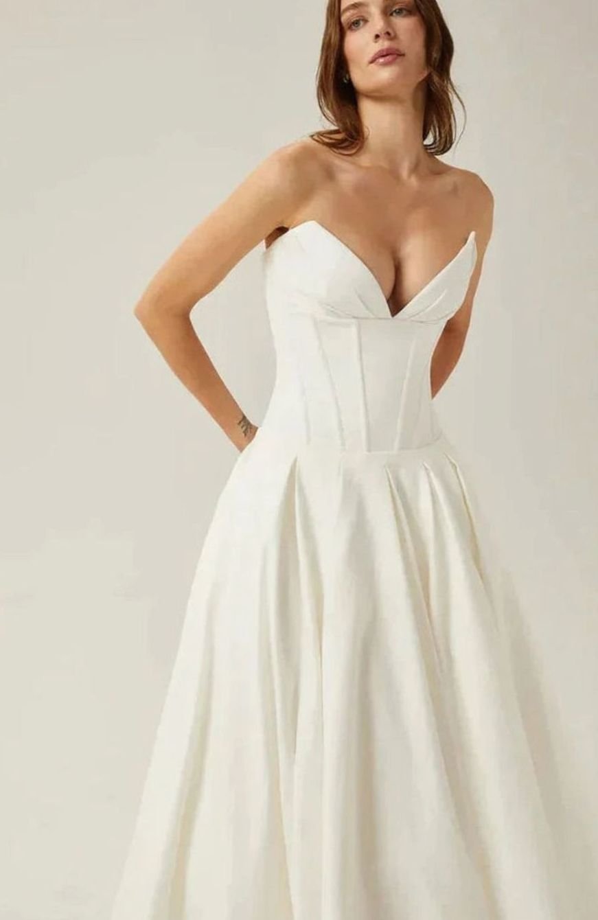 Women's Strapless Sweetheart Corset Flared Midi Dress, Ivory