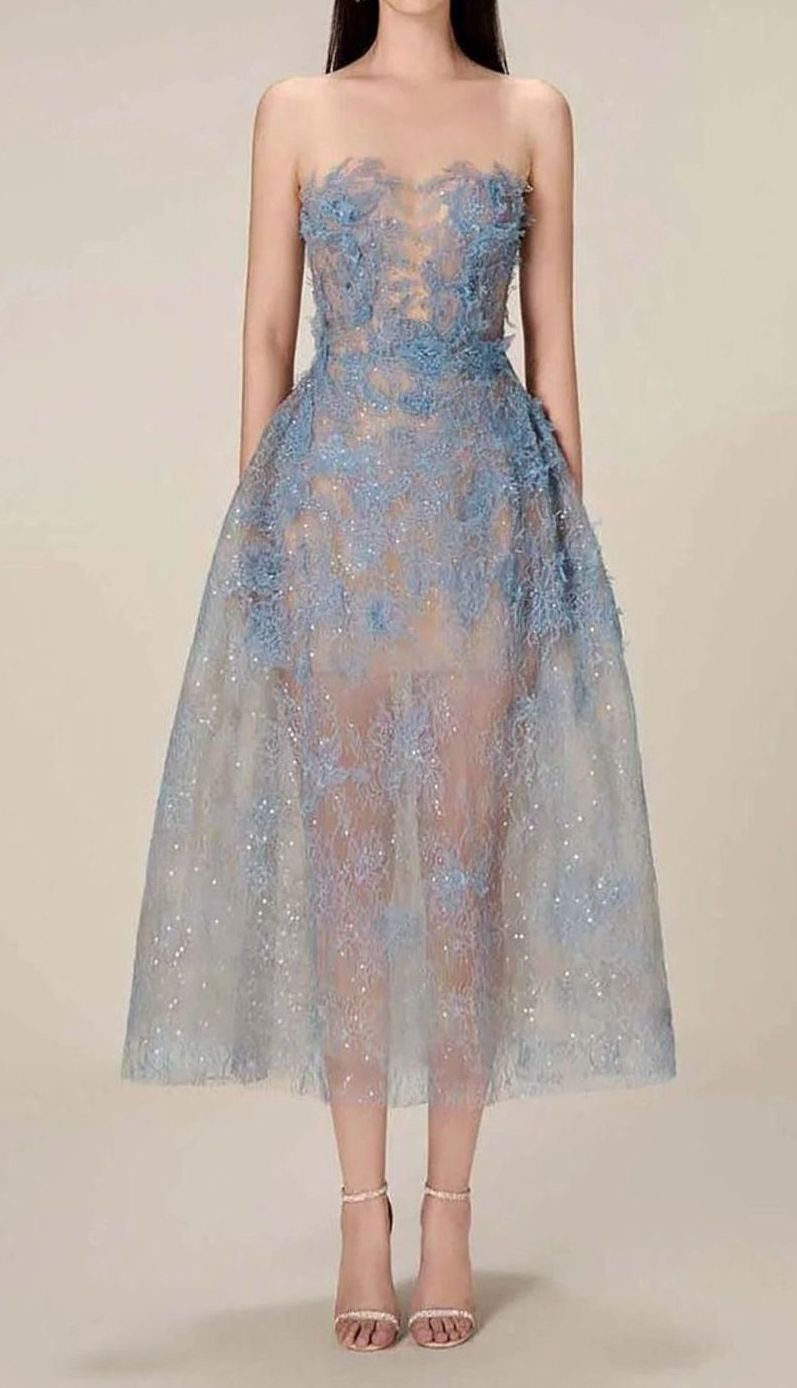 Women's Strapless Sweetheart Floral Embroidered Tulle Midi Dress, Blue