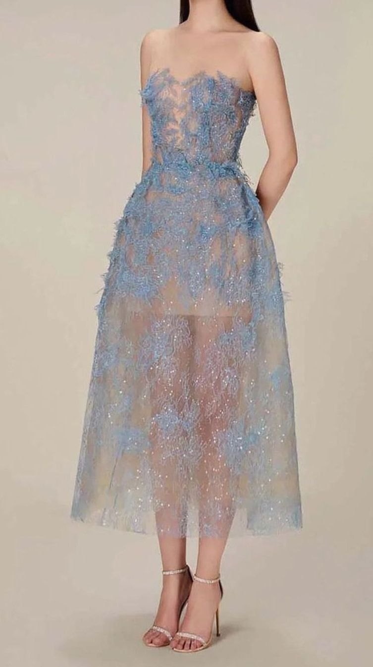 Women's Strapless Sweetheart Floral Embroidered Tulle Midi Dress