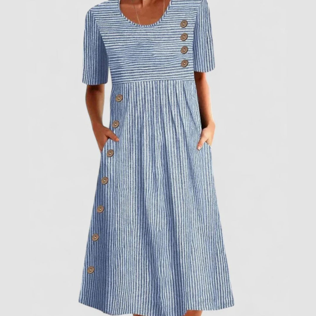 Women's Striped Button-Detail Short-Sleeve Midi Dress - Blue