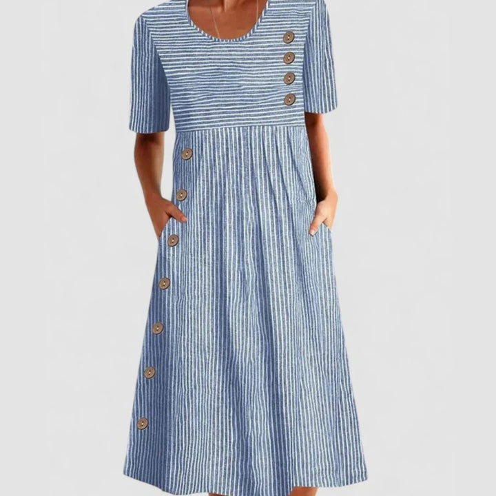 Women's Striped Button-Detail Short-Sleeve Midi Dress - Blue