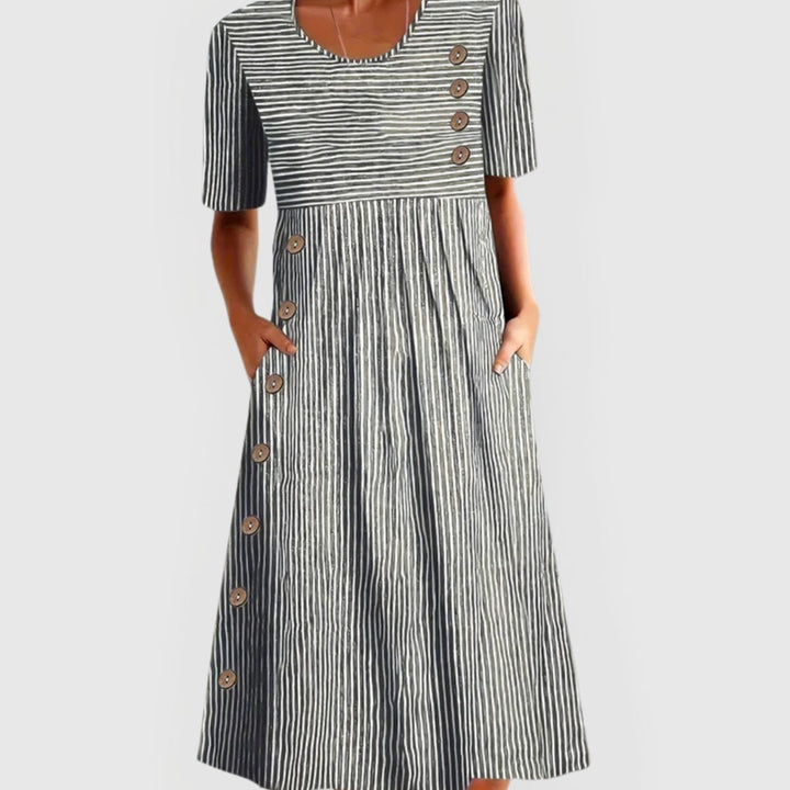 Women's Striped Button-Detail Short-Sleeve Midi Dress - Grey