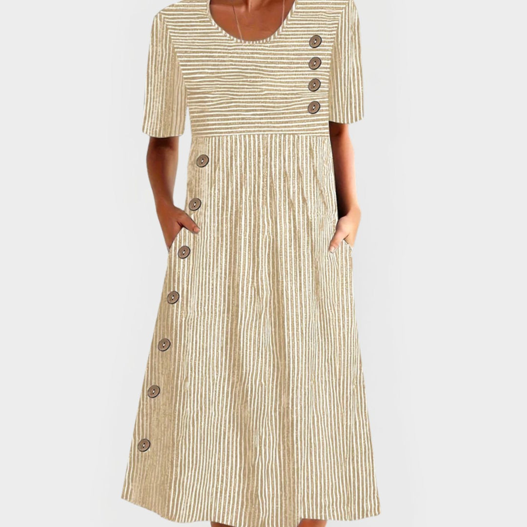 Women's Striped Button-Detail Short-Sleeve Midi Dress - Beige