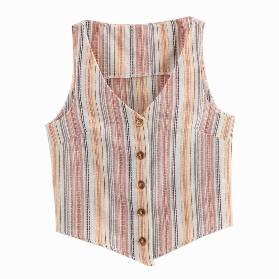 Women's Striped Button-Front Sleeveless Cropped Waistcoat - As Shown