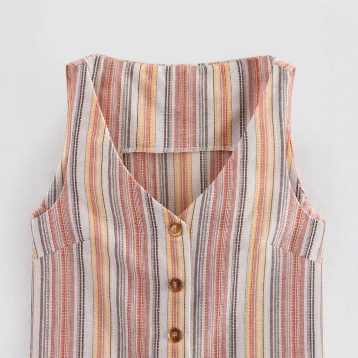 Women's Striped Button-Front Sleeveless Cropped Waistcoat