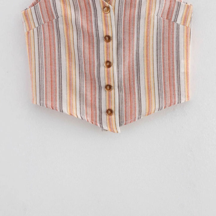 Women's Striped Button-Front Sleeveless Cropped Waistcoat