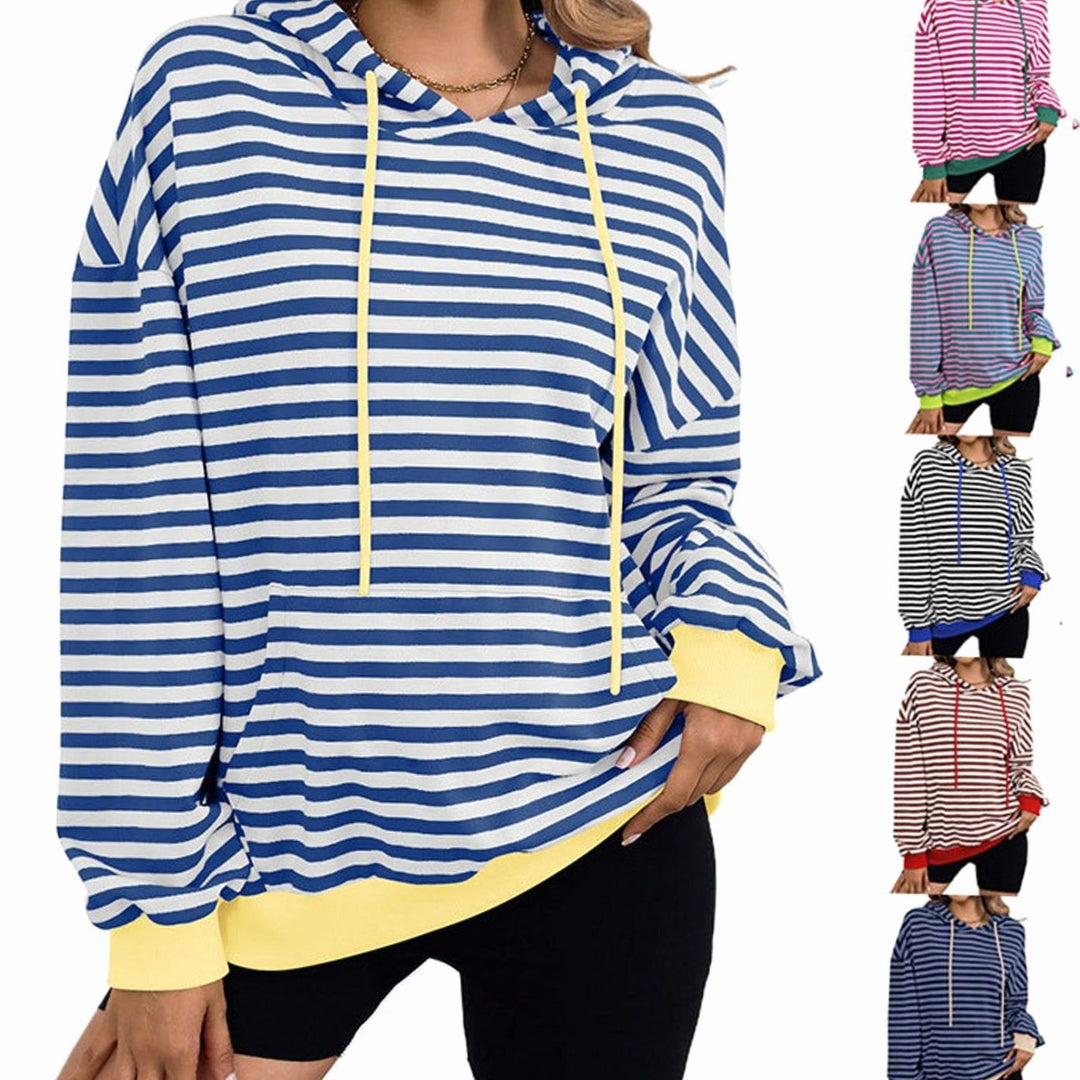 Women's Striped Drawstring Hoodie Kangaroo Pocket Sweatshirt