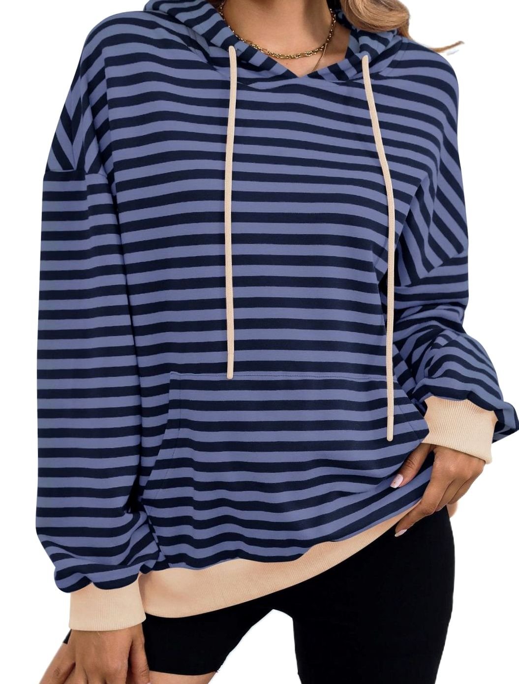 Women's Striped Drawstring Hoodie Kangaroo Pocket Sweatshirt - Denim Blue