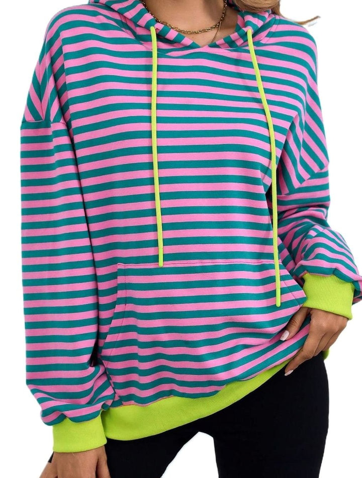 Women's Striped Drawstring Hoodie Kangaroo Pocket Sweatshirt - Sage Green