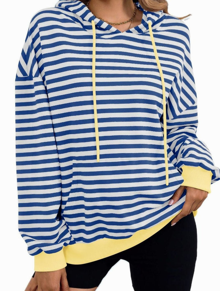 Women's Striped Drawstring Hoodie Kangaroo Pocket Sweatshirt - Royal Blue