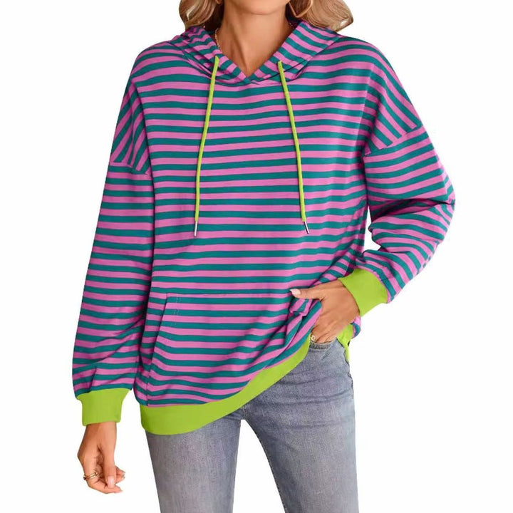 Women's Striped Drawstring Hoodie Kangaroo Pocket Sweatshirt