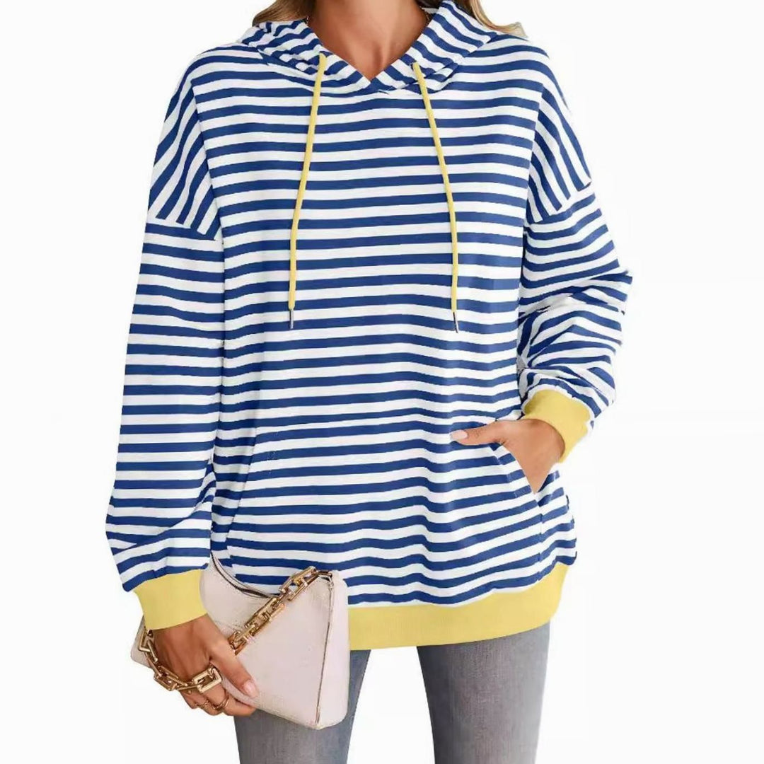 Women's Striped Drawstring Hoodie Kangaroo Pocket Sweatshirt