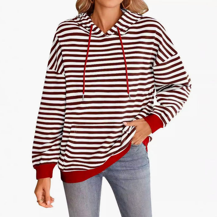 Women's Striped Drawstring Hoodie Kangaroo Pocket Sweatshirt