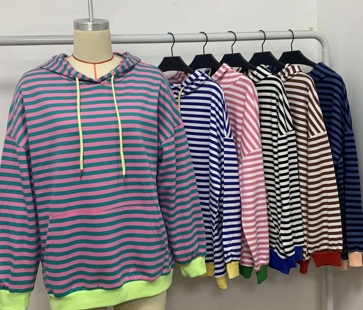 Women's Striped Drawstring Hoodie Kangaroo Pocket Sweatshirt