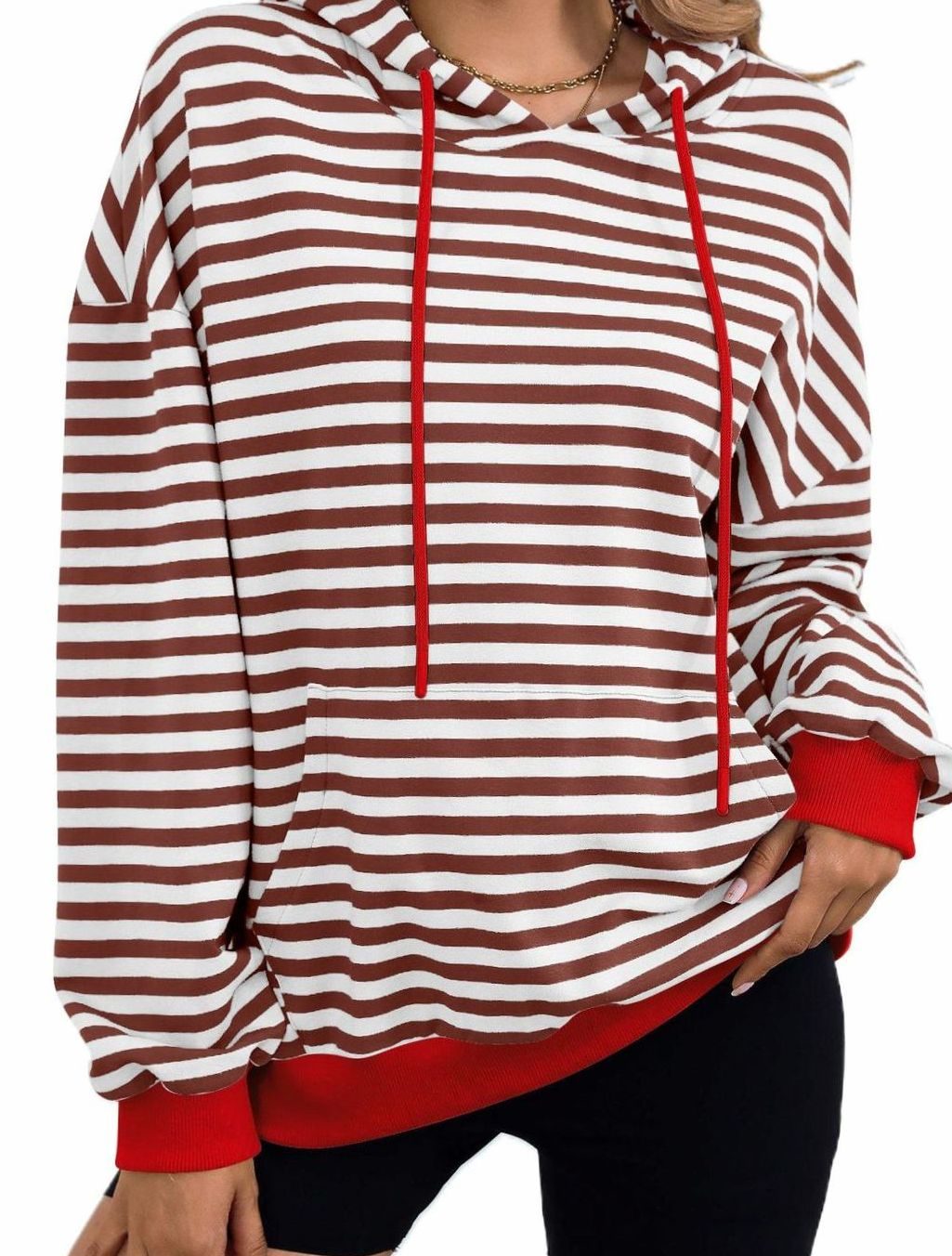 Women's Striped Drawstring Hoodie Kangaroo Pocket Sweatshirt - Coffee