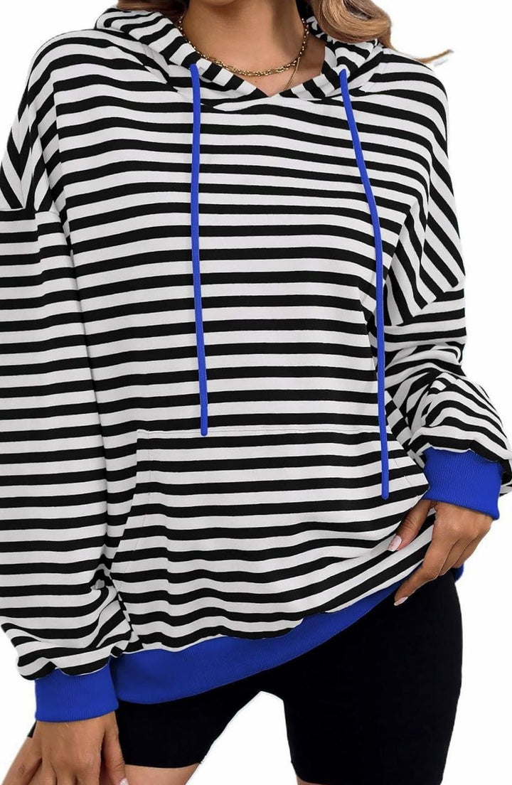 Women's Striped Drawstring Hoodie Kangaroo Pocket Sweatshirt - Black White